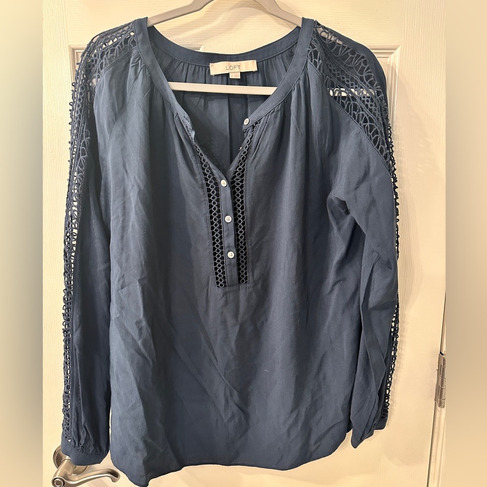 LOFT Dark Blue Blouse with Lace Accents